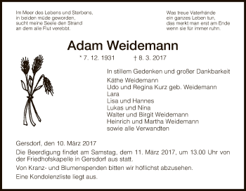 Traueranzeige von Adam Weidemann von Hersfeld