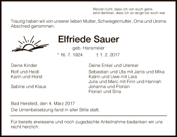 Traueranzeige von Elfriede Sauer von Hersfeld