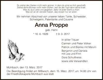 Traueranzeige von Anna Proppe von Hersfeld