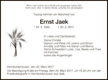 Traueranzeige von Ernst Jaek von Hersfeld