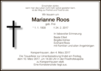 Traueranzeige von Marianne Roos von Hersfeld