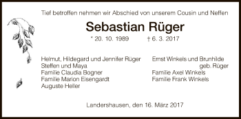 Traueranzeige von Sebastian Rüger von Hersfeld