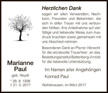 Traueranzeige von Marianne Paul von Hersfeld