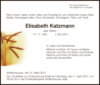 Traueranzeige von Elisabeth Katzmann von Hersfeld