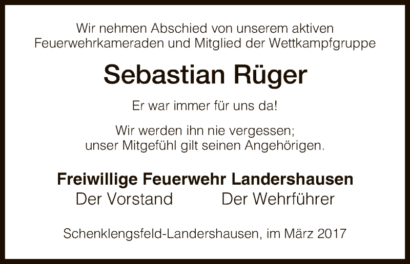  Traueranzeige für Sebastian Rüger vom 16.03.2017 aus Hersfeld