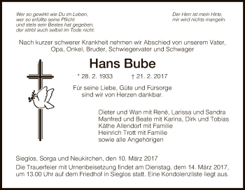 Traueranzeige von Hans Bube von Hersfeld