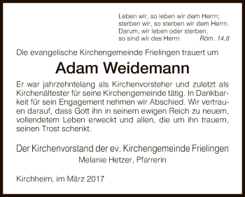 Traueranzeige von Adam Weidemann von Hersfeld