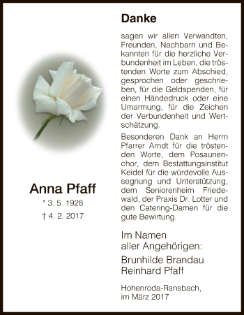 Traueranzeige von Anna Pfaff von Hersfeld