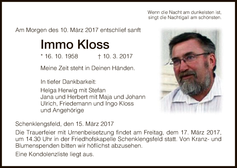  Traueranzeige für Immo Kloss vom 15.03.2017 aus Hersfeld