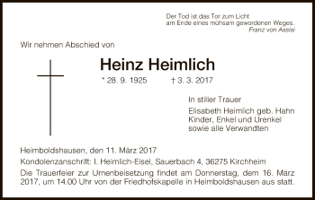 Traueranzeige von Heinz Heimlich von Hersfeld