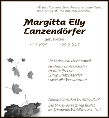 Traueranzeige von Margitta Elly Lanzendörfer von Hersfeld