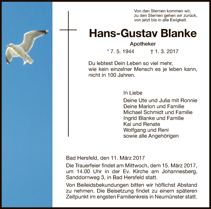  Traueranzeige für Hans-Gustav Blanke vom 11.03.2017 aus Hersfeld