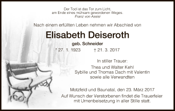 Traueranzeige von Elisabeth Deiseroth von Hersfeld