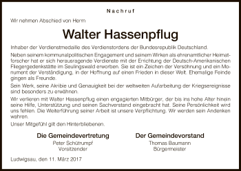 Traueranzeige von Walter Hassenpflug von Hersfeld