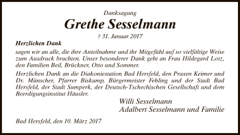 Traueranzeige von Grethe Sesselmann von Hersfeld