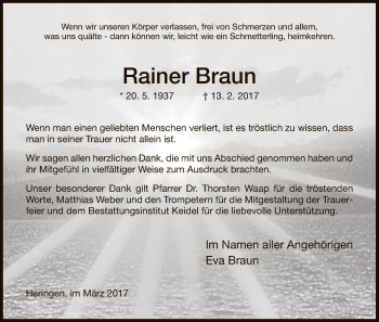 Traueranzeige von Rainer Braun von Hersfeld