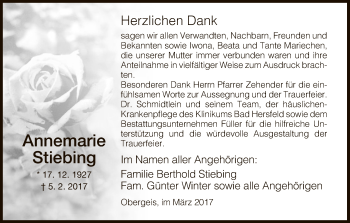 Traueranzeige von Annemarie Stiebing von Hersfeld