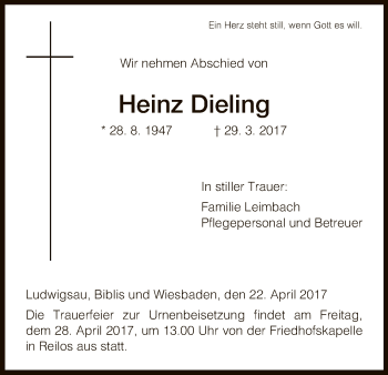 Traueranzeige von Heinz Dieling von Hersfeld