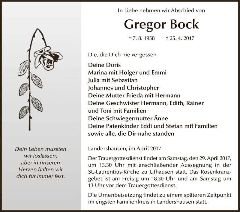  Traueranzeige für Gregor Bock vom 27.04.2017 aus Hersfeld