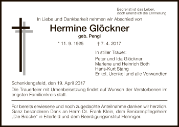 Traueranzeige von Hermine Glöckner von Hersfeld