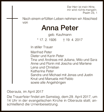 Traueranzeige von Anna Peter von Hersfeld