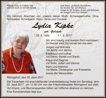 Traueranzeige von Lydia Kipke von Hersfeld