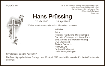 Traueranzeige von Hans Prüssing von Hersfeld