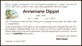 Traueranzeige von Annemarie Dippel von Hersfeld