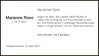 Traueranzeige von Marianne Roos von Hersfeld