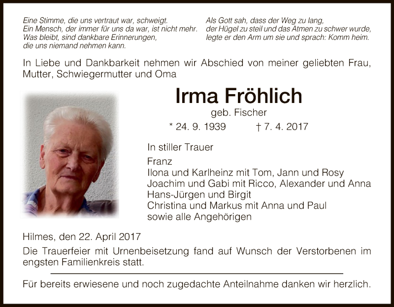  Traueranzeige für Irma Fröhlich vom 22.04.2017 aus Hersfeld