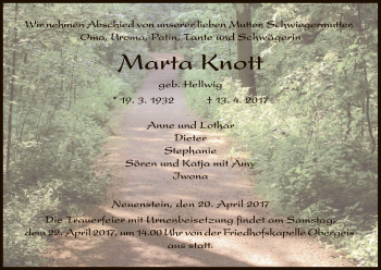 Traueranzeige von Marta Knott von Hersfeld