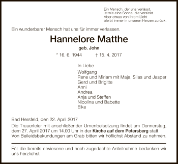 Traueranzeige von Hannelore Matthe von Hersfeld