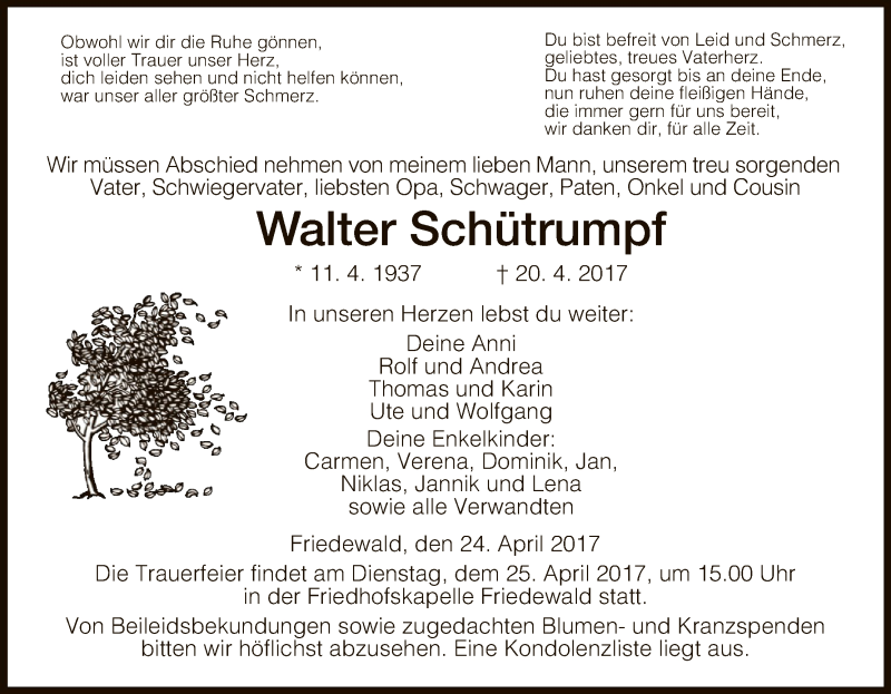  Traueranzeige für Walter Schütrumpf vom 24.04.2017 aus Hersfeld