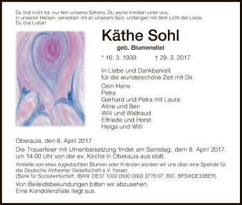 Traueranzeige von Käthe Sohl von Hersfeld