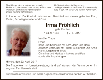 Traueranzeige von Irma Fröhlich von Hersfeld