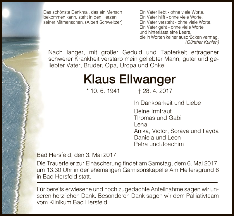 Traueranzeigen Von Klaus Ellwanger Trauerhersfelder