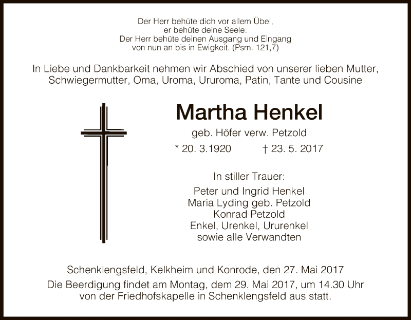  Traueranzeige für Martha Henkel vom 27.05.2017 aus Hersfeld