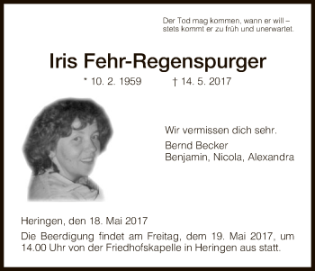 Traueranzeige von Iris Fehr-Regenspurger von Hersfeld