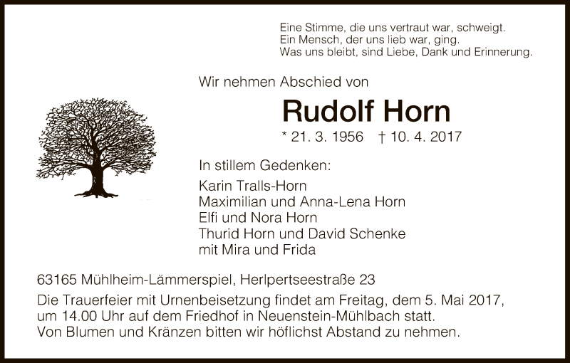  Traueranzeige für Rudolf Horn vom 01.05.2017 aus Hersfeld