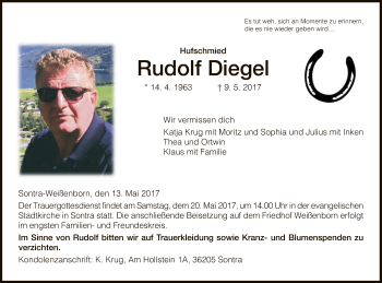 Traueranzeige von Rudolf Diegel von Hersfeld