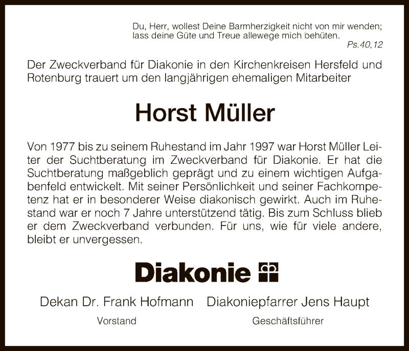  Traueranzeige für Horst Müller vom 13.05.2017 aus Hersfeld