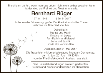 Traueranzeige von Bernhard Rüger von Hersfeld