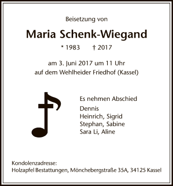 Traueranzeige von Maria Schenk-Wiegand von Hersfeld