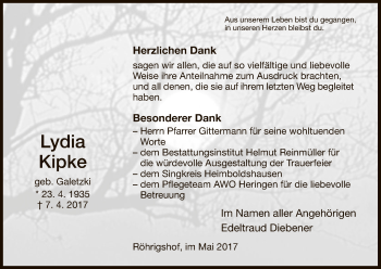 Traueranzeige von Lydia Kipke von Hersfeld