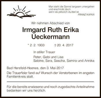 Traueranzeige von Irmgard Ruth Erika Ueckermann von Hersfeld