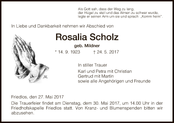 Traueranzeige von Rosalia Scholz von Hersfeld