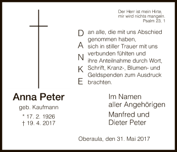 Traueranzeige von Anna Peter von Hersfeld