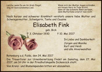 Traueranzeige von Elisabeth Fink von Hersfeld