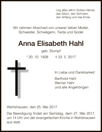 Traueranzeige von Anna Elisabeth Hahl von Hersfeld