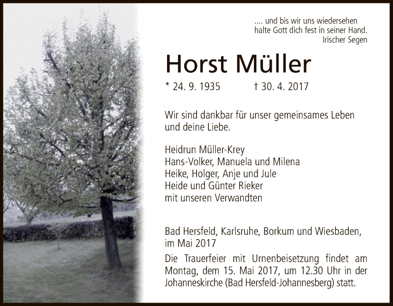  Traueranzeige für Horst Müller vom 06.05.2017 aus Hersfeld